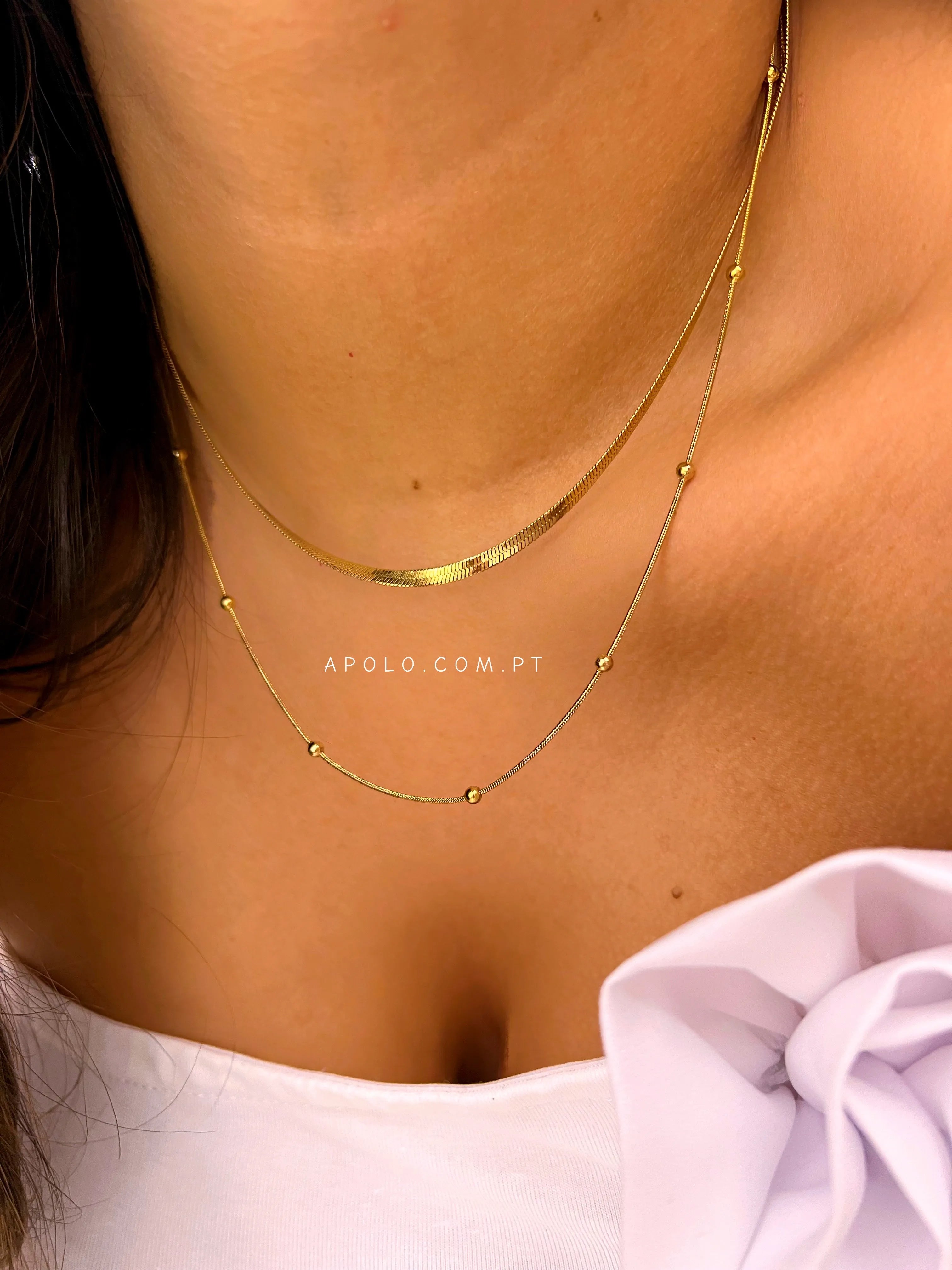 Colar duplo malha achatada e bolinhas | dourado