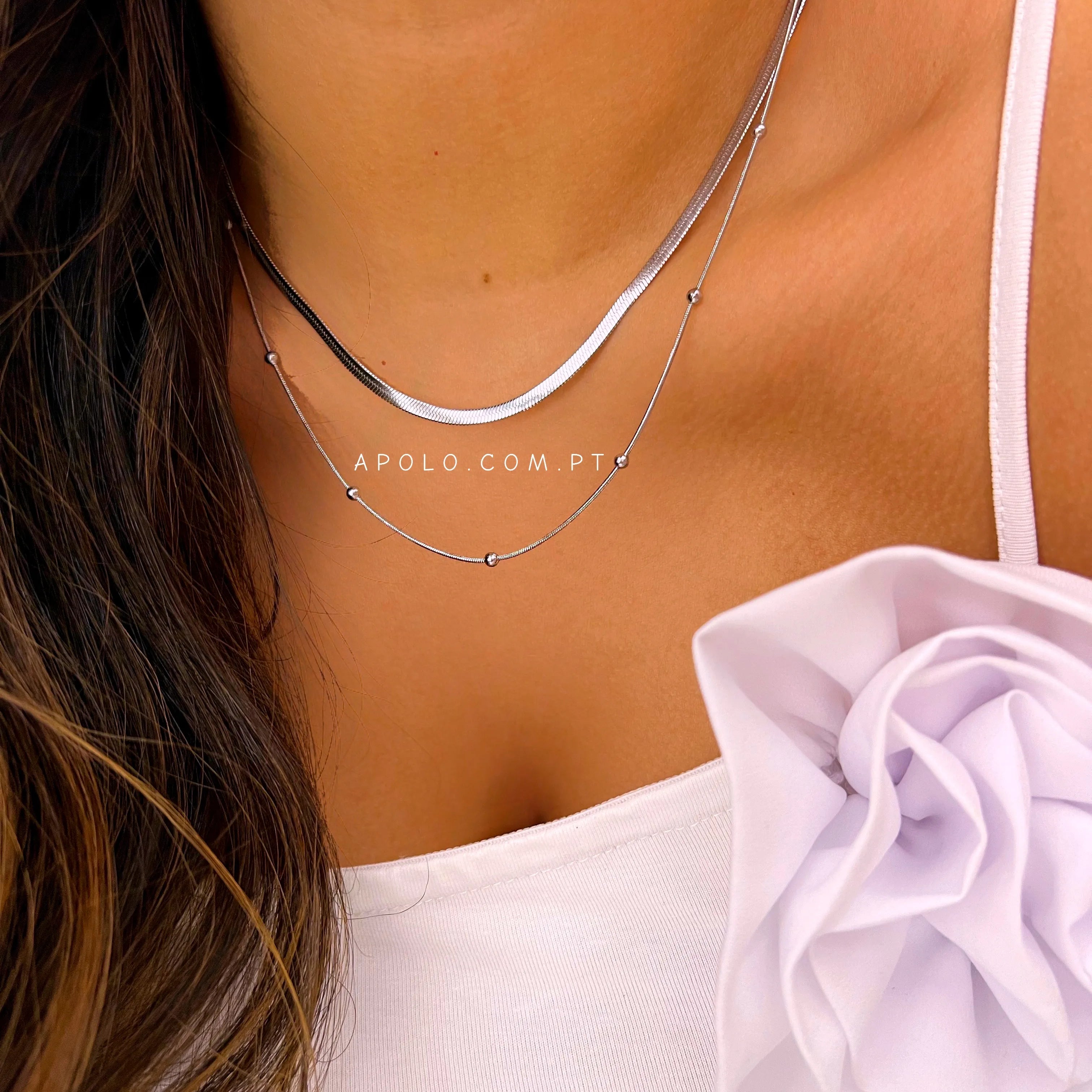 Colar duplo malha achatada e bolinhas | prateado