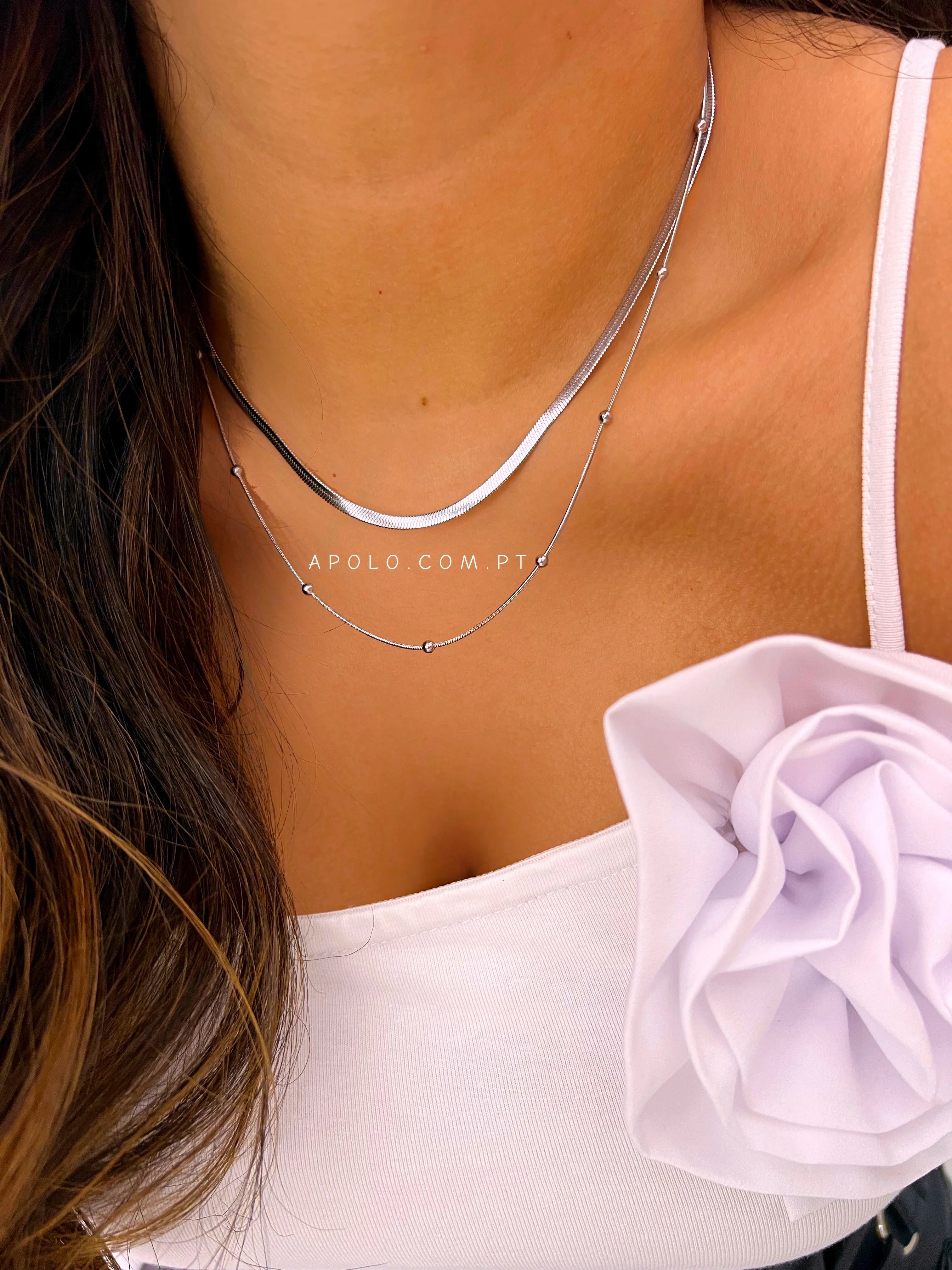 Colar duplo malha achatada e bolinhas | prateado