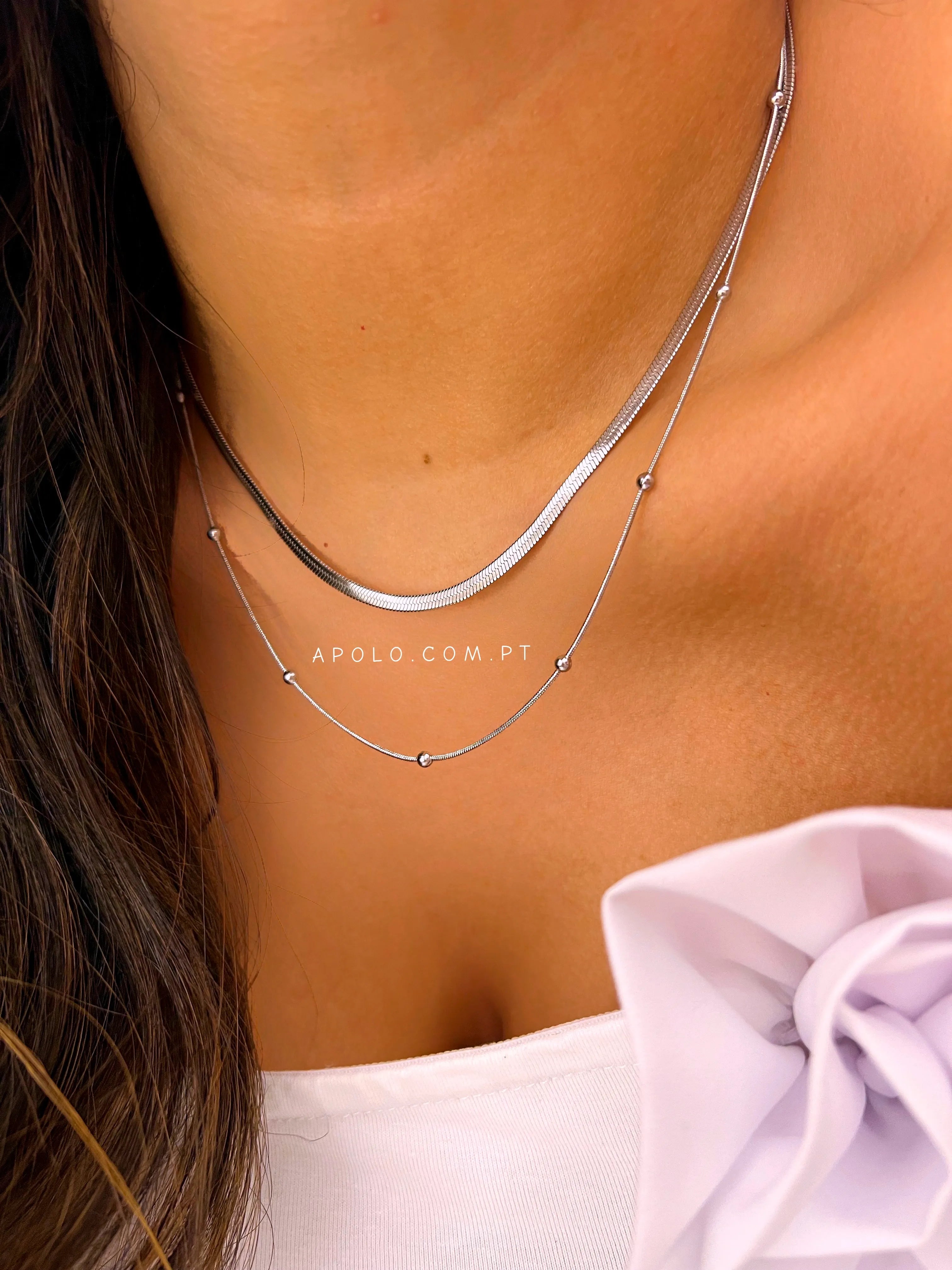 Colar duplo malha achatada e bolinhas | prateado