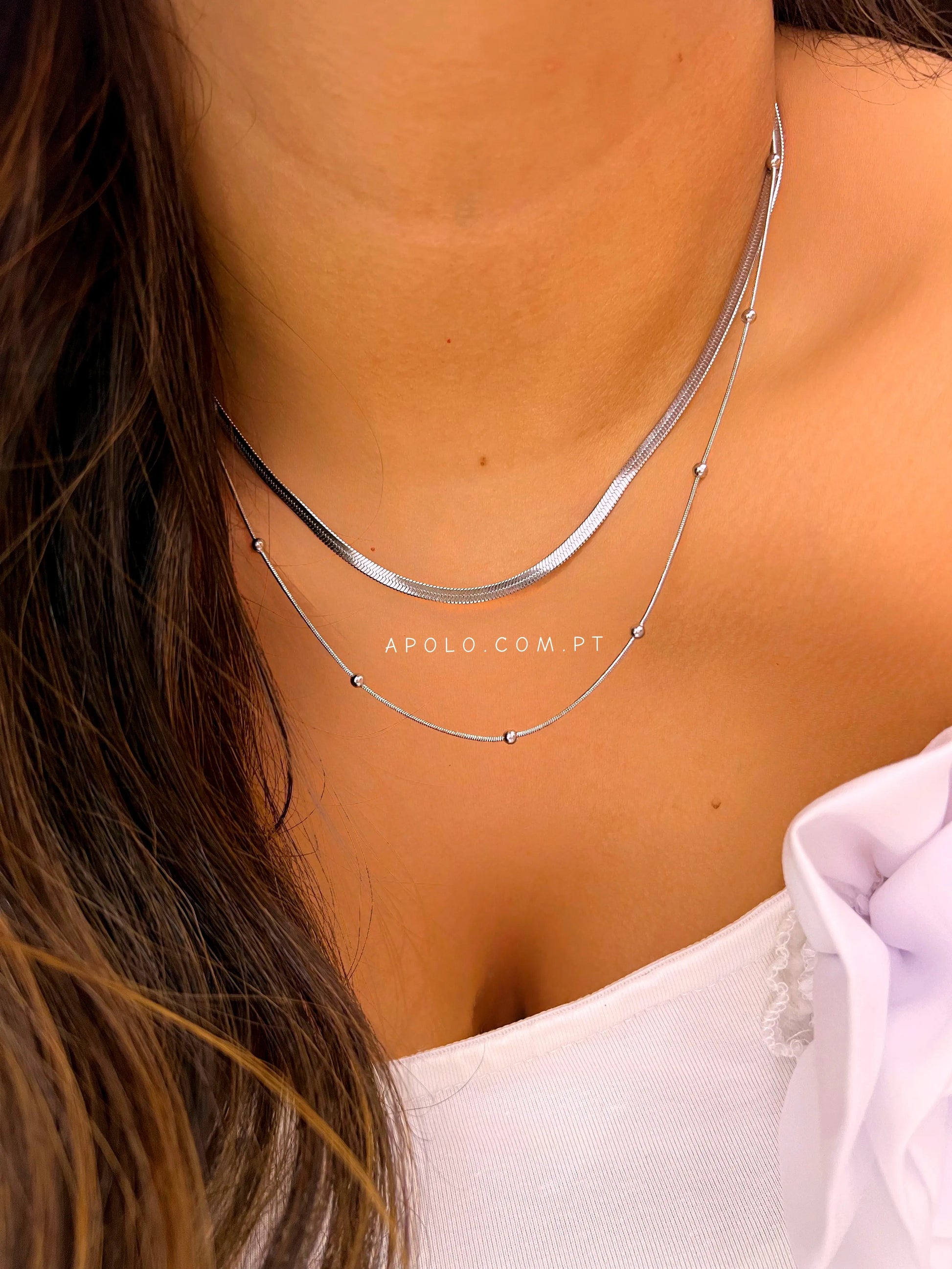 Colar duplo malha achatada e bolinhas | prateado