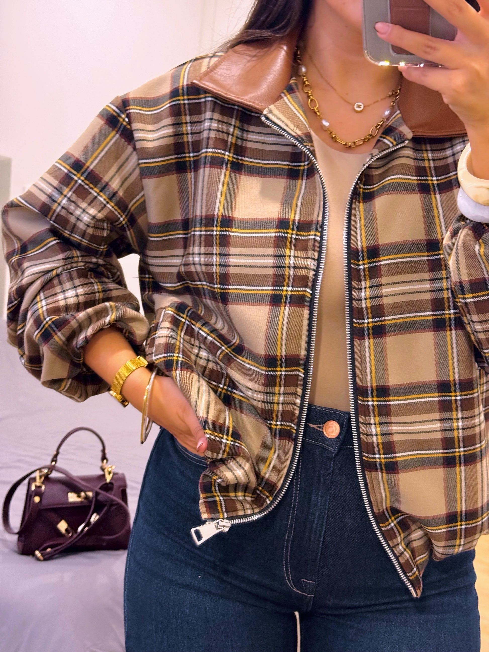 Casaco estilo bomber | Padrão xadrez castanho