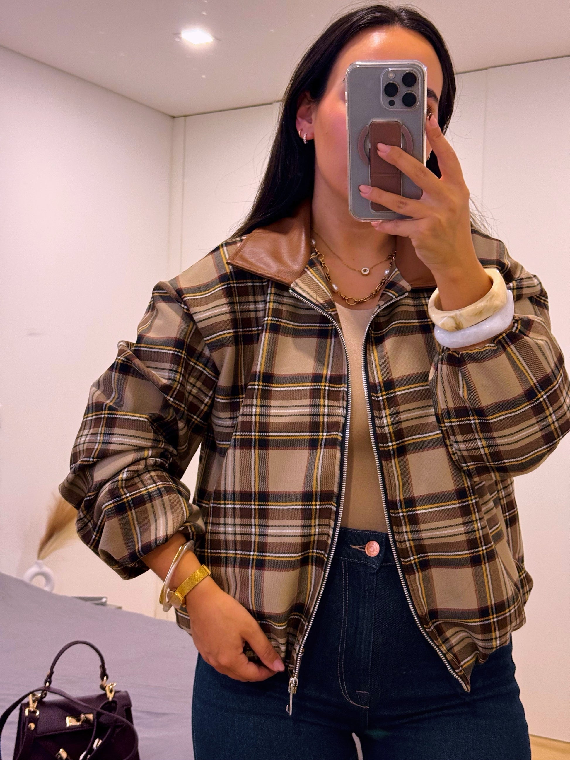 Casaco estilo bomber | Padrão xadrez castanho