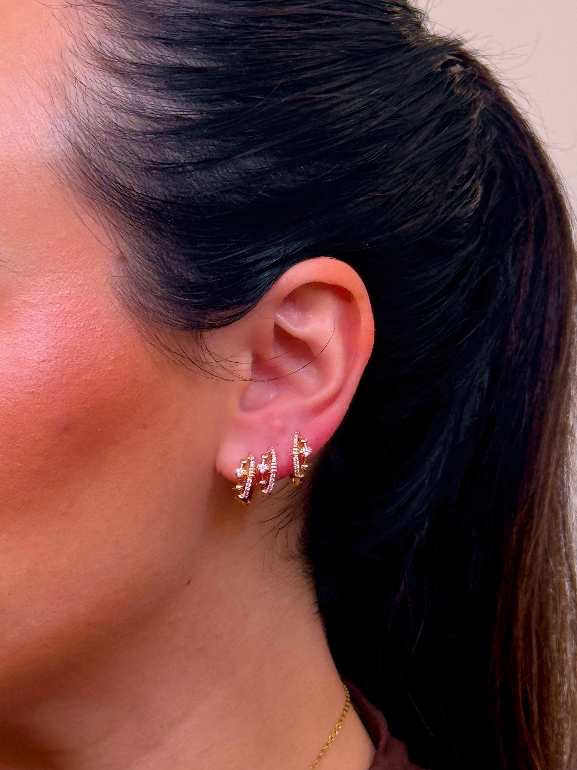 Argolinhas efeito duplo com corações e brilhantes | Rose Gold