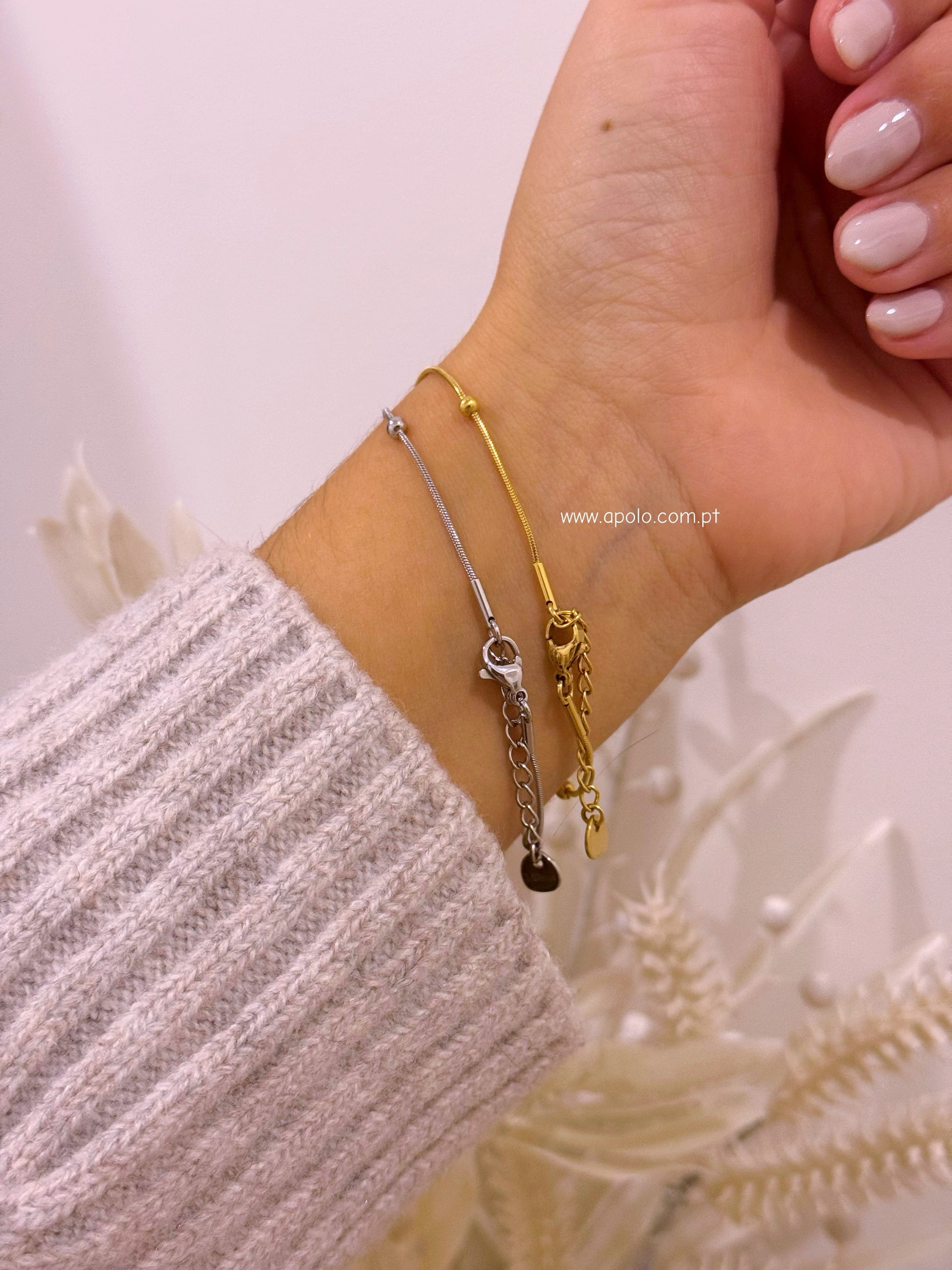 Pulseira malha redonda fininha com bolinhas | 2 Cores