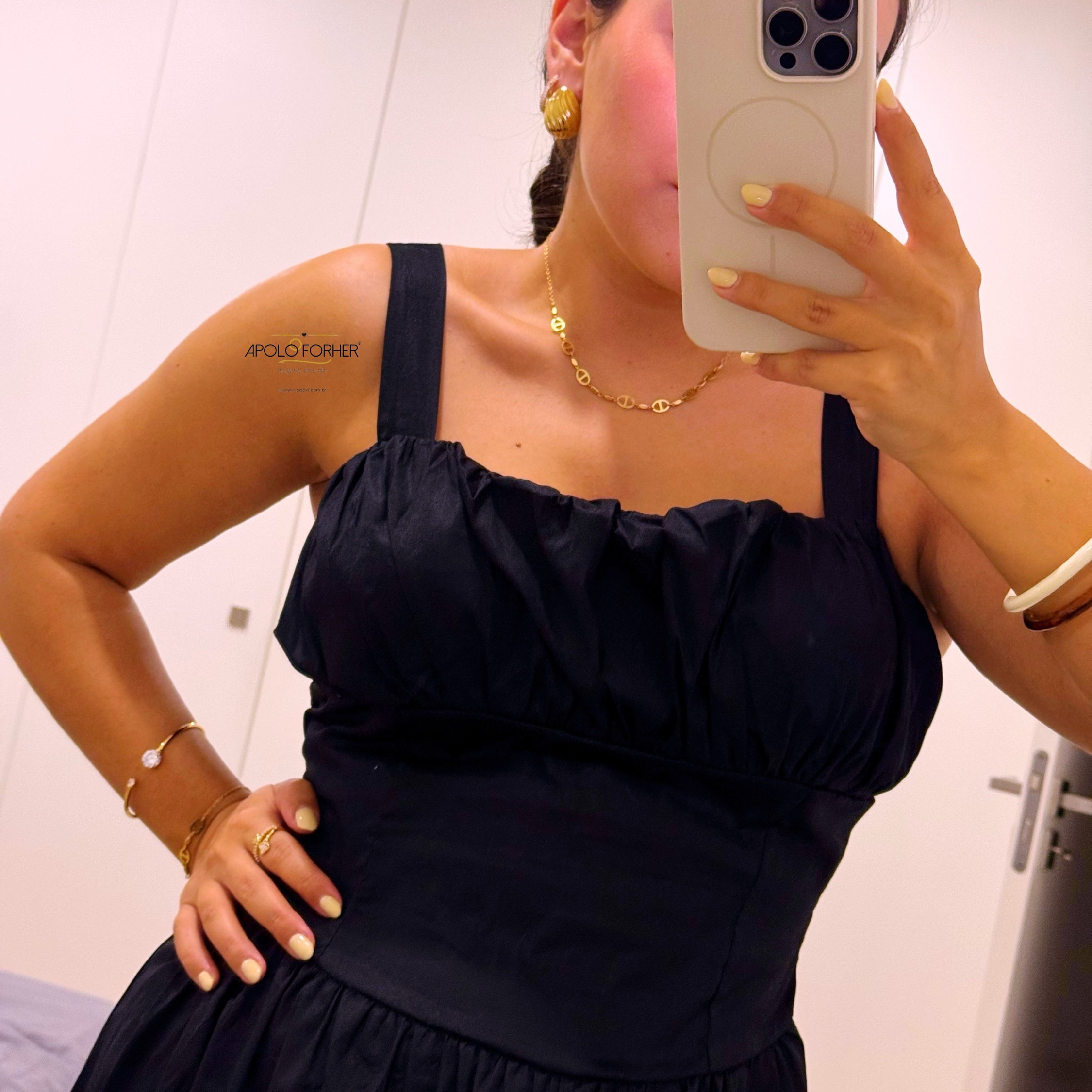 Vestido longo em algodão com cintura justa | Preto