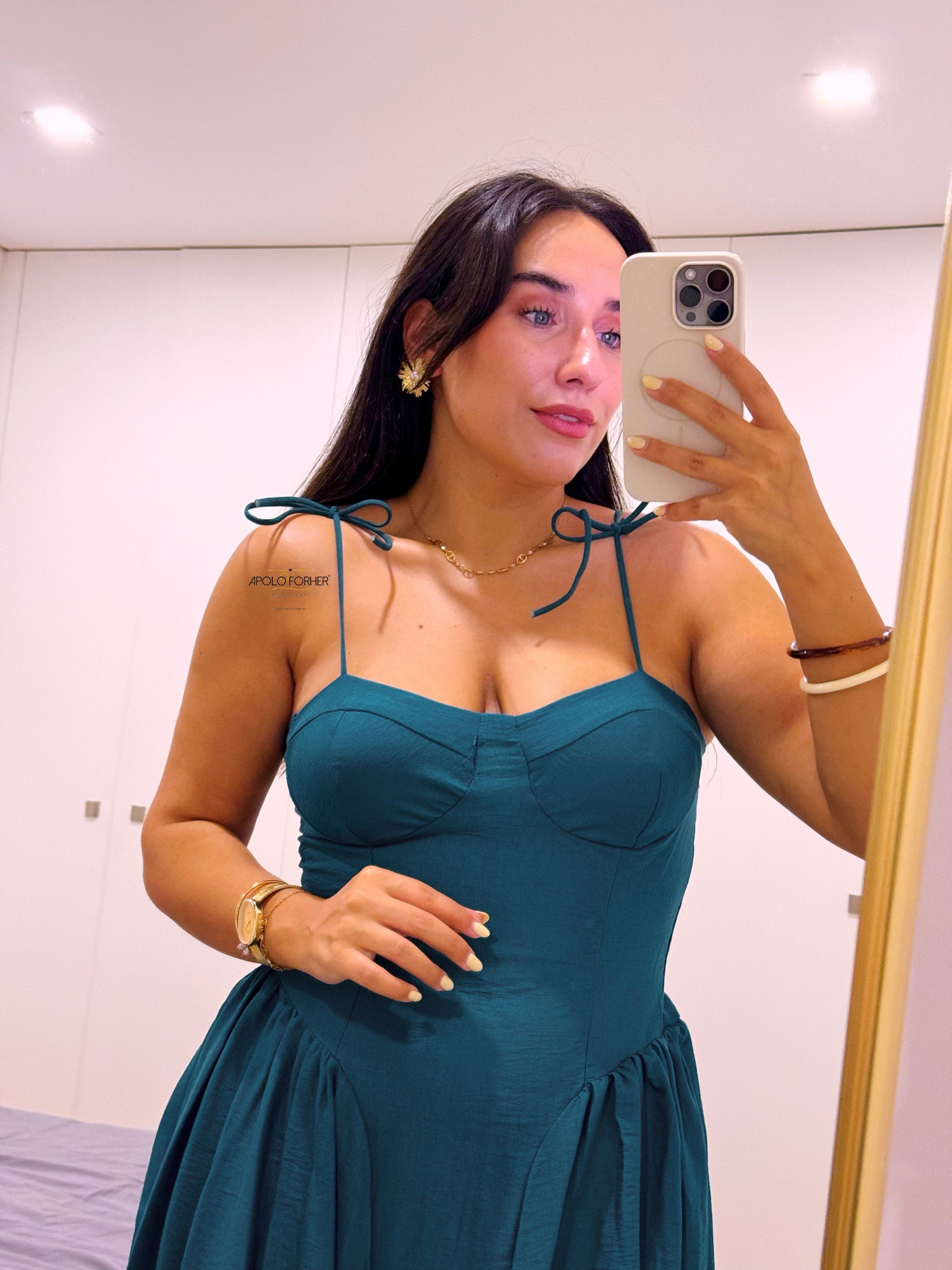 Vestido com preguinhas nas laterais | Azul Petróleo