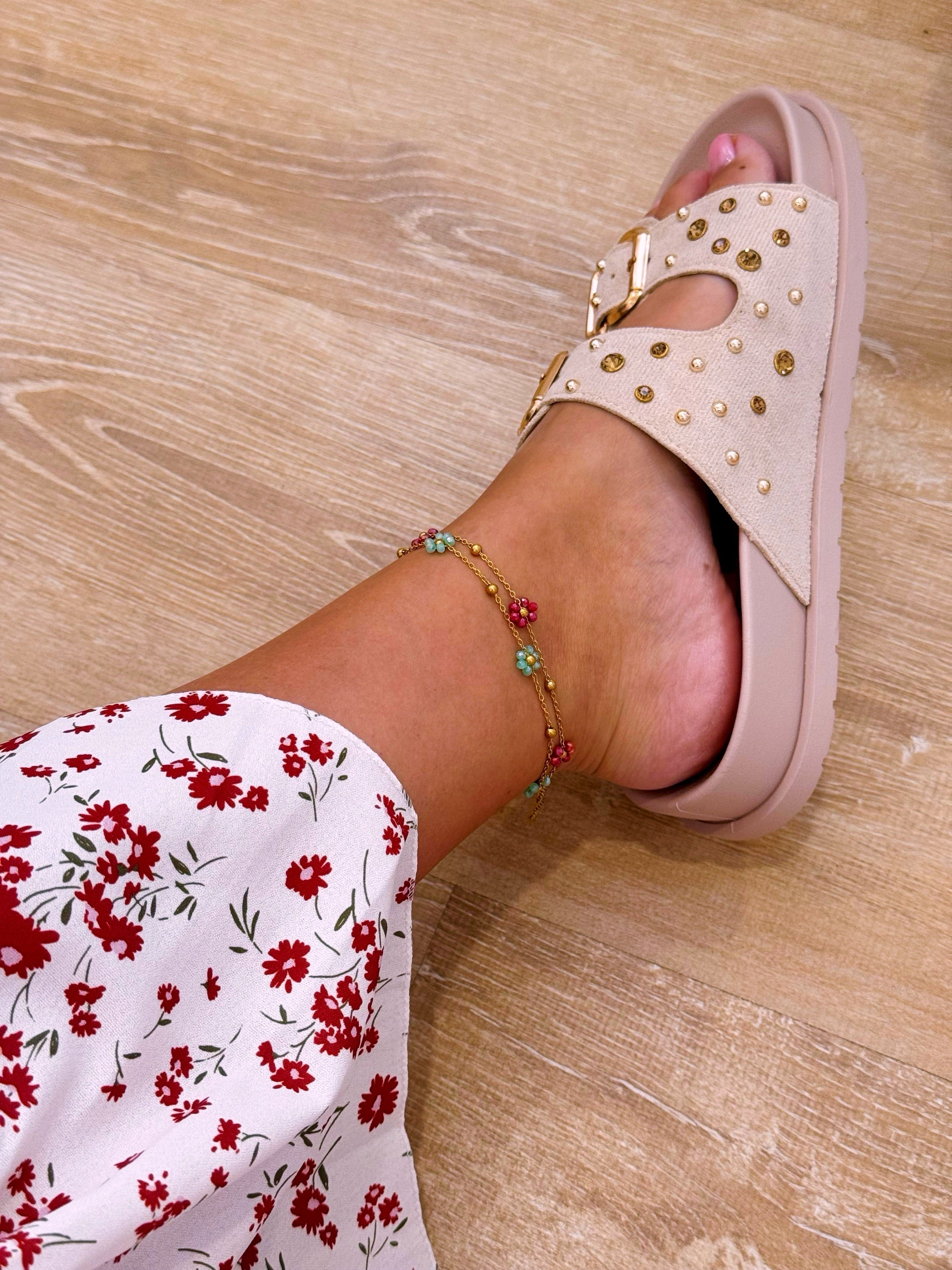 Pulseira de pé dourada com flores | 2 cores