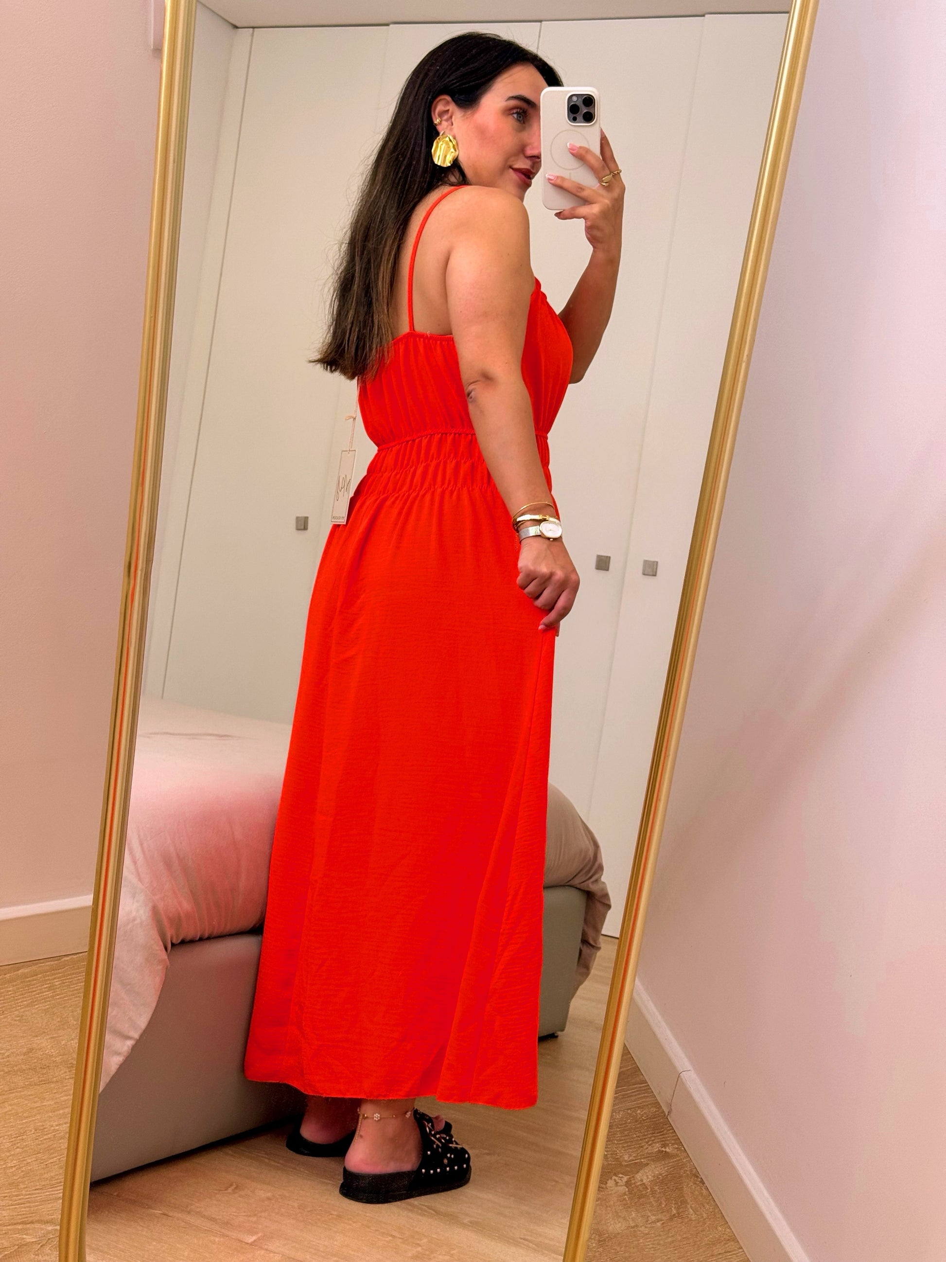 Vestido longo com elástico na cintura | Laranja