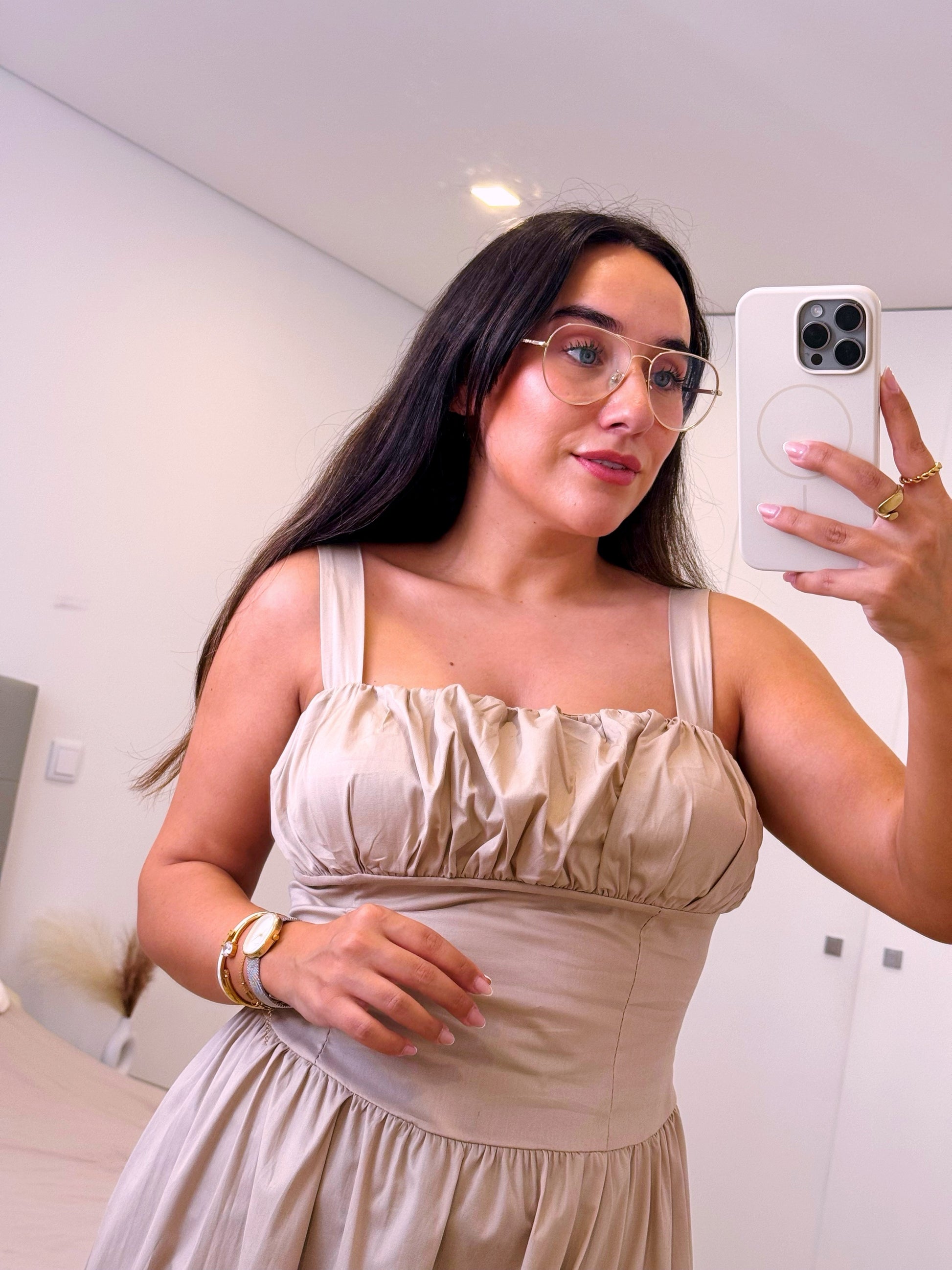 Vestido longo em algodão com cintura justa | Bege