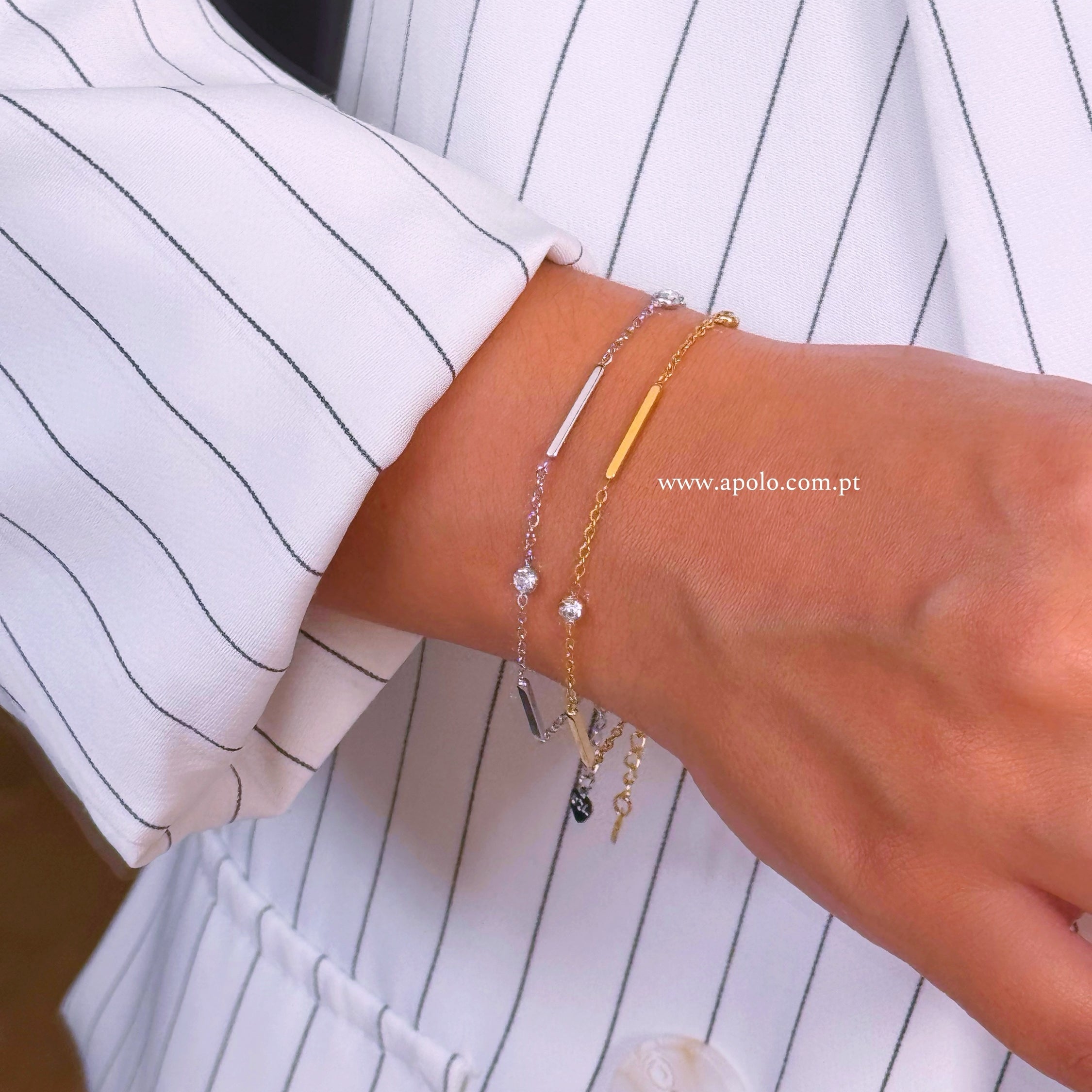 Pulseira malha fininha com barrinhas e brilhantes | 2 Cores