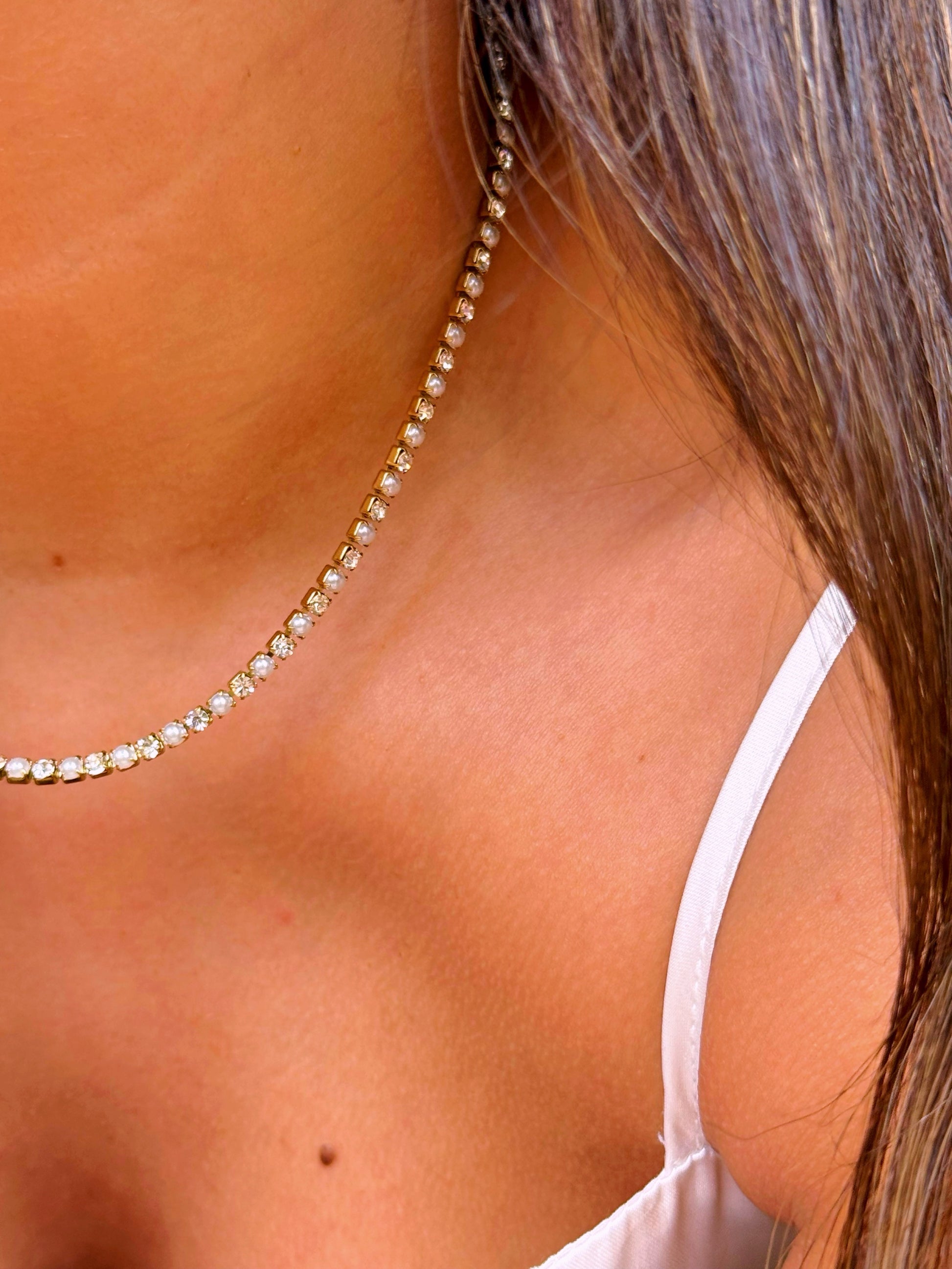 Colar riviera com pérolas e brilhantes | Dourado