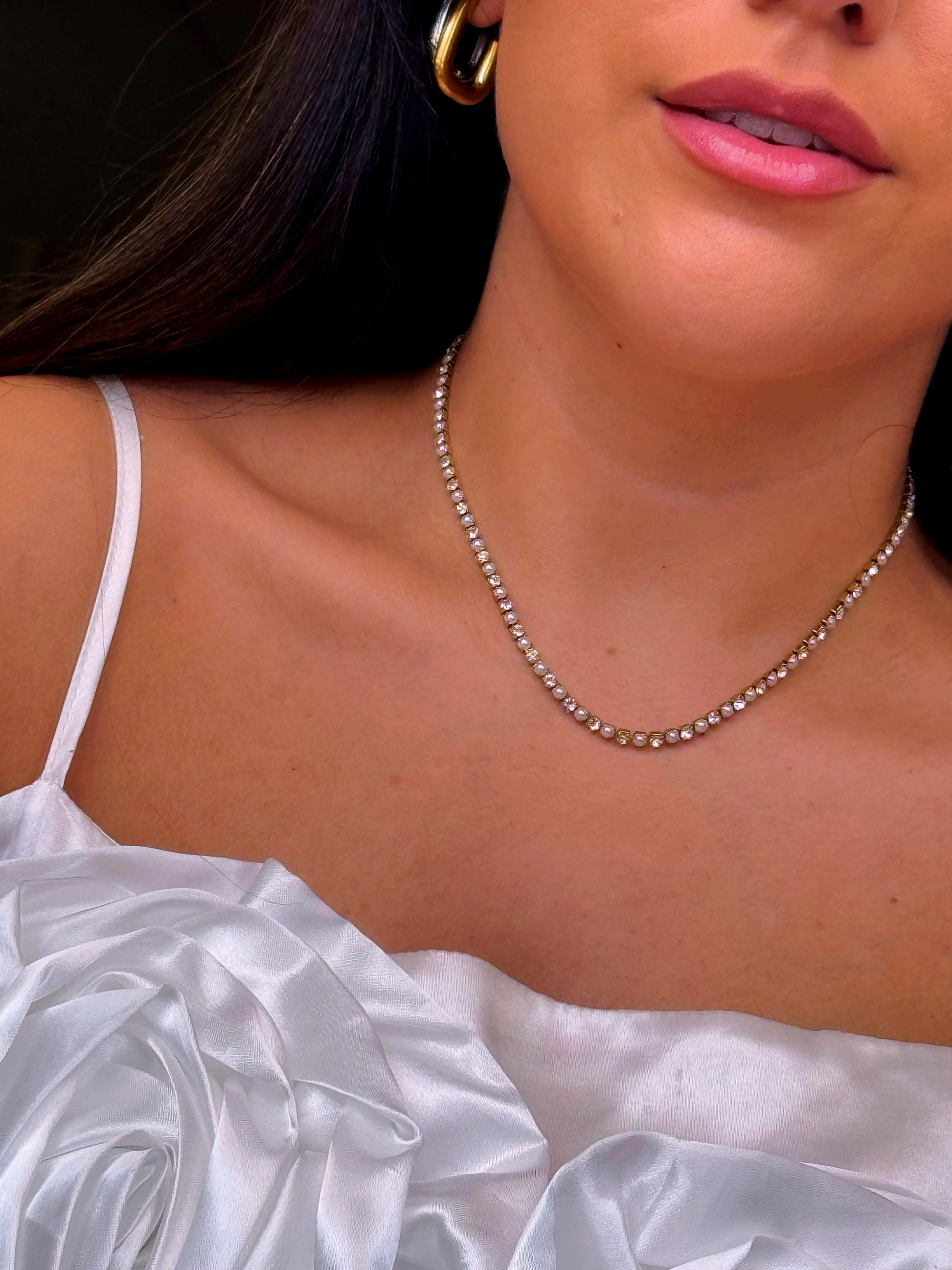 Colar riviera com pérolas e brilhantes | Dourado