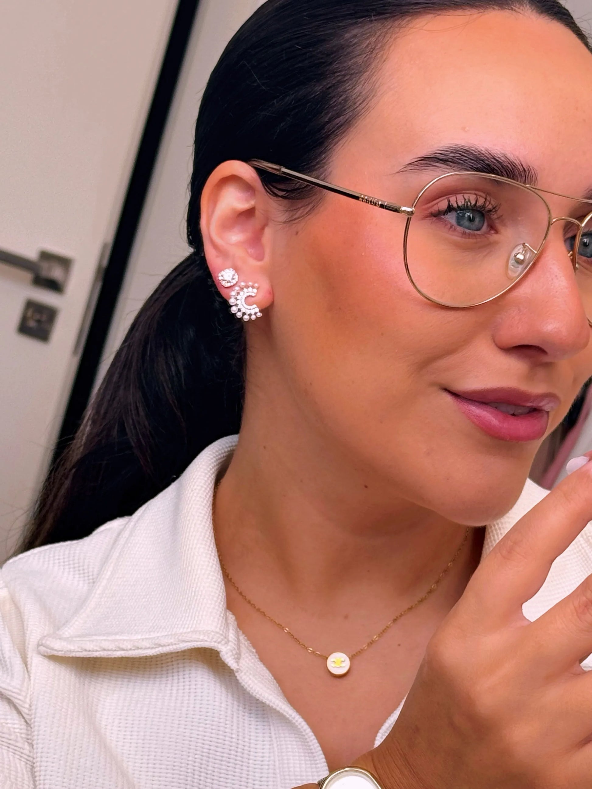 Brincos meio círculo com pérolas e brilhantes | Rose Gold