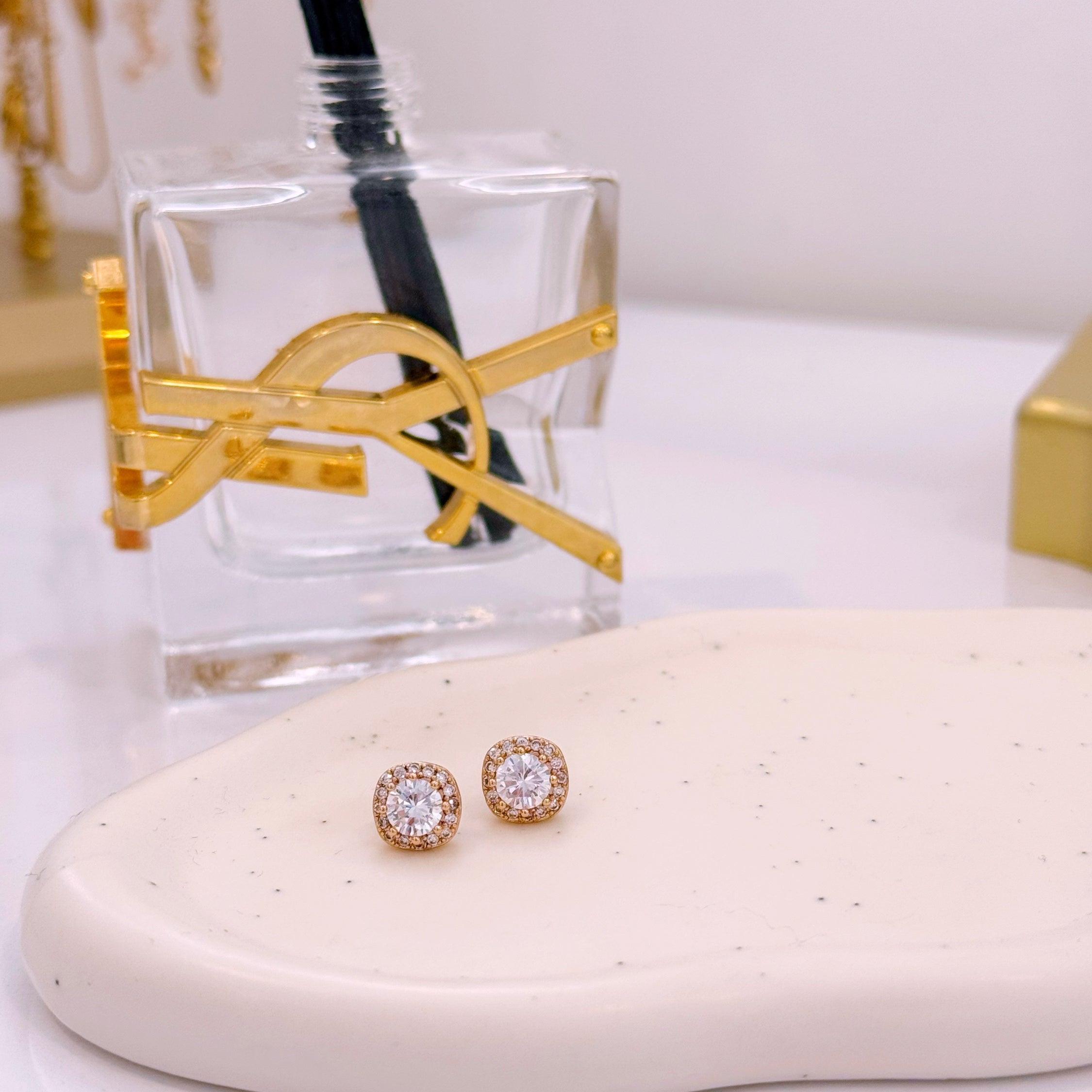 Brinco simples quadrados com brilhantes | Rose Gold