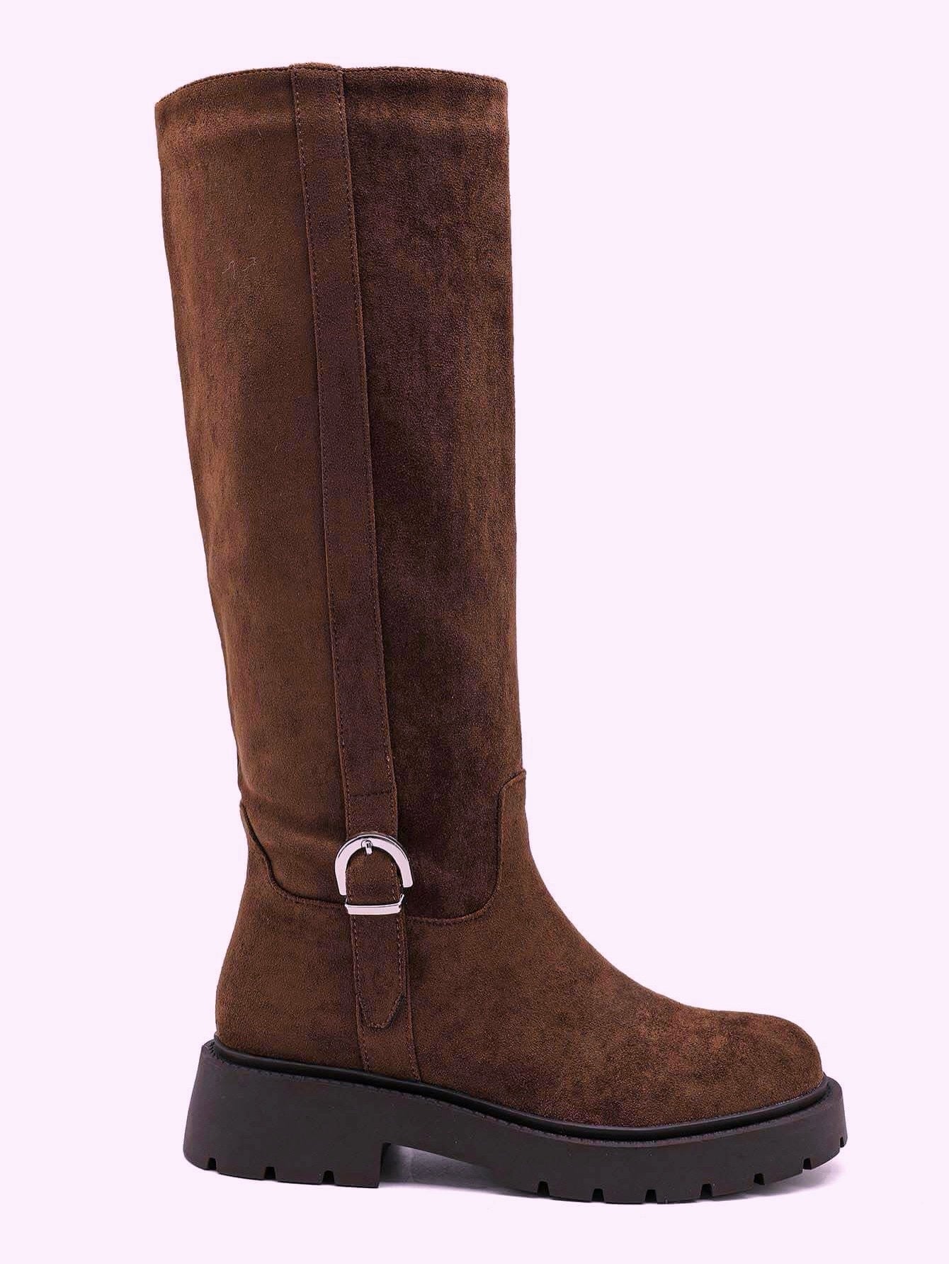 Botas de cano alto efeito camurça com pormenor de fivela | Castanho