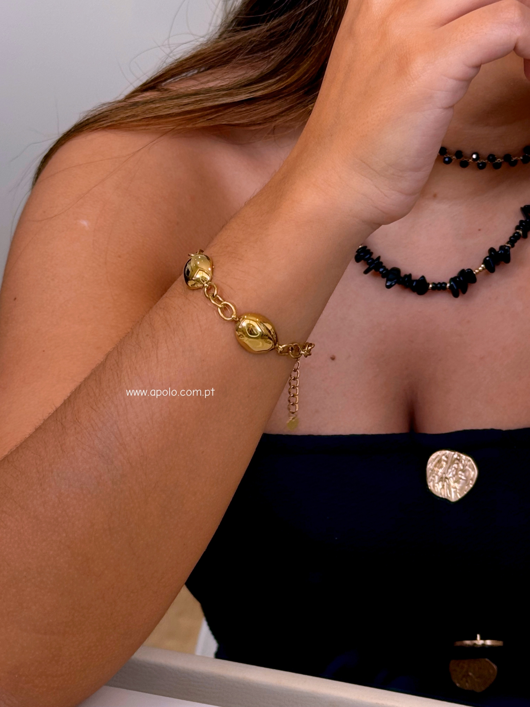 Pulseira malha corrente com pormenores ovais | Dourado